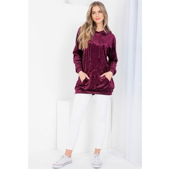 New! Velvet Soft Burgundy Plum Hoodie Kangaroo Pocket Pullover Sweater Top - Picture 7 of 9